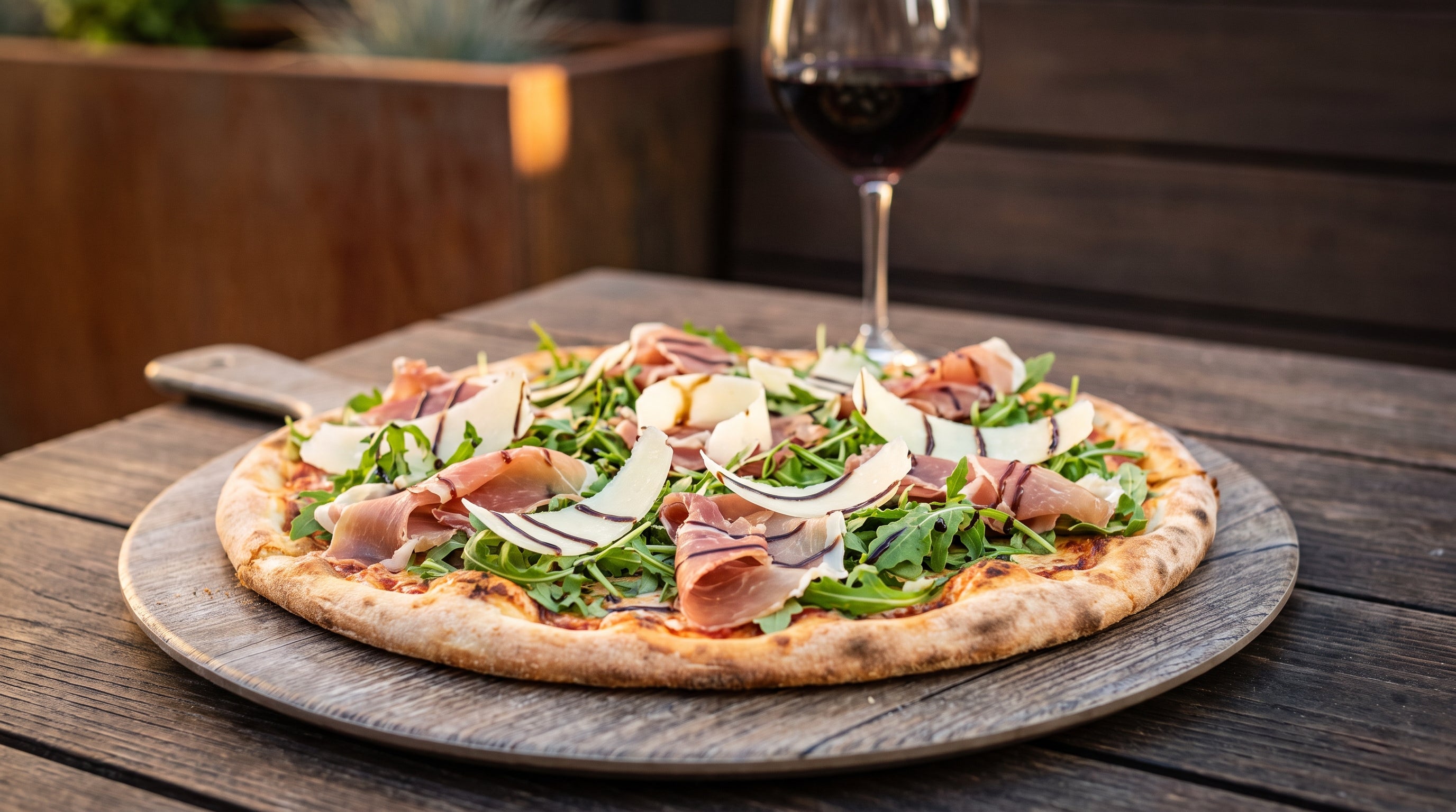 Prosciutto and arugula pizza with shaved parmesan and balsamic glaze - Arteflame Pizza Oven Kit